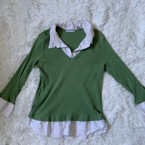 Green long sleeve with white collar.
